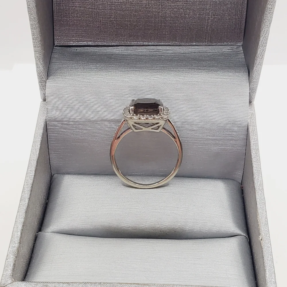 10K Solid White Gold Smoky Quartz, Diamond & White Topaz Halo Ring